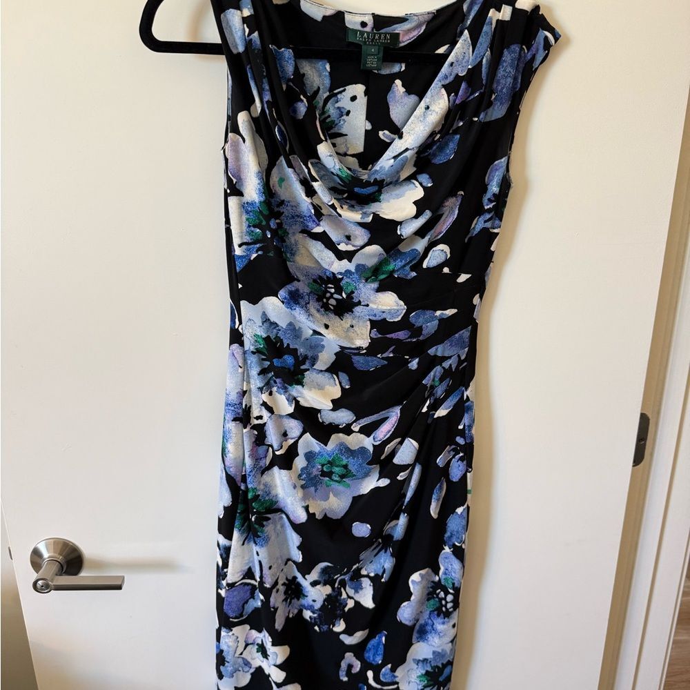 Lauren Ralph Lauren Black Jersey Cowl Neck Floral Print Midi Dress